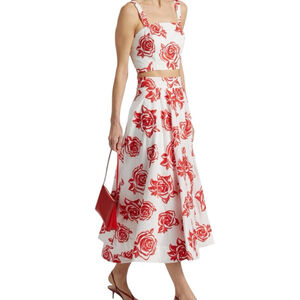 Milly Juliet Red and White Rose Embroidery Midi Skirt Size 8